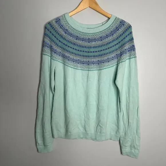 Talbots Women’s Fair Isle Mint Green with Blue Yoke Pullover Sweater Size M - Picture 1 of 6